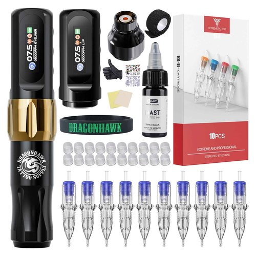 Dragonhawk Atom2 Tattoo Pen Machine Kit - Cordless & Corded Permanent Makeup Machine for Eyebrow Eyeliner Lip Liner - 2 Batteries, Lightweight 3.88oz, Professional & Beginner Friendly