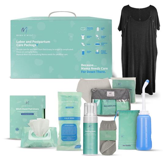 Mama & Wish® Postpartum Essentials Kit (14-Piece) - Includes Hospital Post Partum Essentials for Women After Birth, Labor and Delivery Gown, Peri Bottle, Witch Hazel Foam, Pad Liners & More!