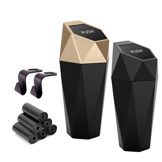 Ginsco Car Trash Can Cup Holder, 2 Pack Mini Car Trash Can with Lid, Car Accessories for Interior, Leakproof Small Trash Cup for Car, Home with Additional 2 ABS Hooks and 90pcs Trash Bags Black Golden