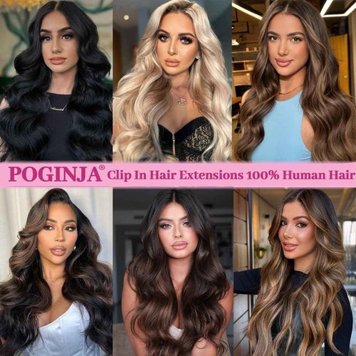 POGINJA Clip in Hair Extensions Real Human Hair, Remy Human Hair Extensions Clip ins for Women, 100% Natural Human Hair, Double Weftm, 24inch 120g 8Pcs, #1 Jet Black