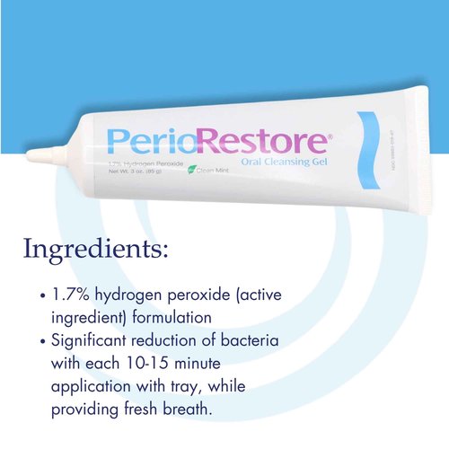 Perio Restore® Gel 3 Ounce Tube; 3 Pack. 1.7% Hydrogen Peroxide Oral Cleansing Treatment Gel. Includes Two (2) Trays for Ease of Application. Mint Flavor