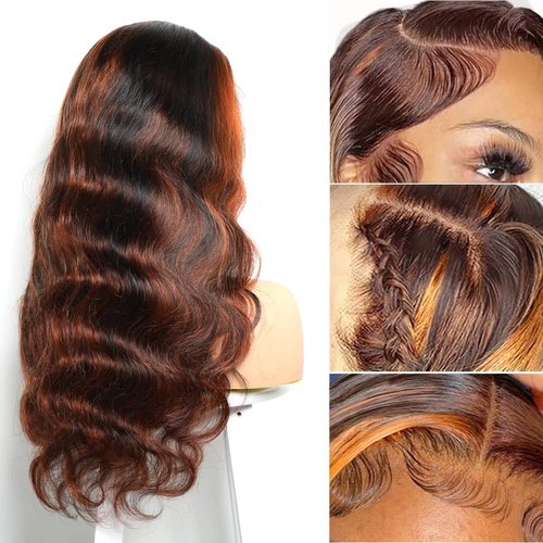 BELE Highlight 1B/350 Transparent HD 13x4 Lace Front Wig Human Hair Reddish Brown Ombre Brazilian Virgin Body Wave 180% Density Lace Front Glueless Wig Pre Plucked with Baby Hair 20inch for Women