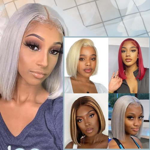 Blonlier Grey Bob Human Hair Wigs 13x4 HD 180% Density Lace Front Wig Human Hair Silver Glueless Wigs Human Hair （14in）