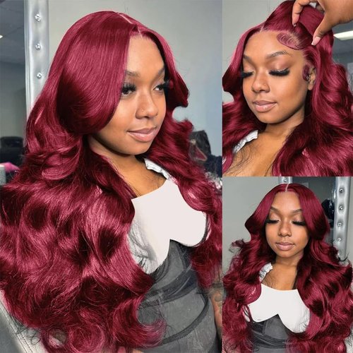 Cikana Body Wave 99j Burgundy 13x4 Lace Front Wig Human Hair 180% Density Glueless Burgundy Red Wigs Human Hair 99j Body Wave Wigs for Women 24 Inch