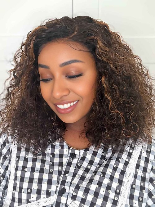 ISEE Hair Highlight Glueless Bob Wigs Human Hair Pre Plucked Pre Cut 2/30 Honey Blonde Curly Human Hair Wig for Black Women Ombre Water Wave 5x7 HD Lace Closure Wigs with Elastic Band 10 Inch