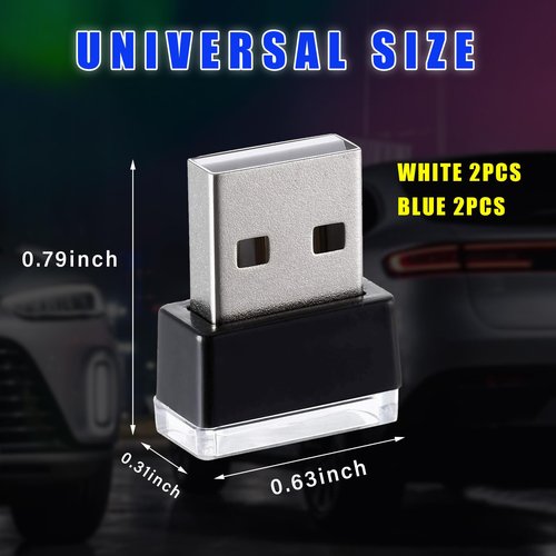 Augeny 4 PCS USB LED Car Interior Atmosphere Lamp, Plug-in USB Decor Night Light, Portable Auto Ambient Lighting Kit, Universal Vehicle Interior Accessories for Most Cars (White & Blue)