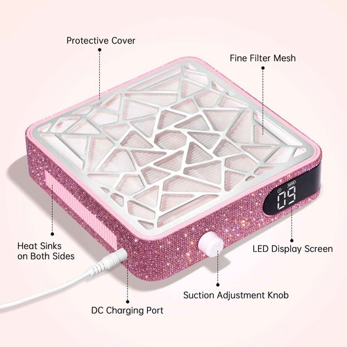 CHRISTINE SHELLY Nail Dust Collector, Powerful Vacuum Fan Vent Dust Collector Extractor Dust Suction Machine for Acrylic Nails Polishing, Nail Salon&Home, Pink Diamond
