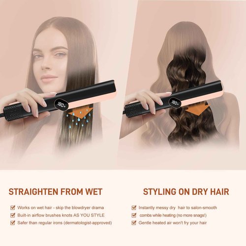 Prostyle 2-in-1 Hot Air Straightening Brush - Fast Wet-to-Dry Styler, 320°F Adjustable LCD + Auto Off & Ionic Protection for Smooth Frizz-Free Hair (Matte Black)