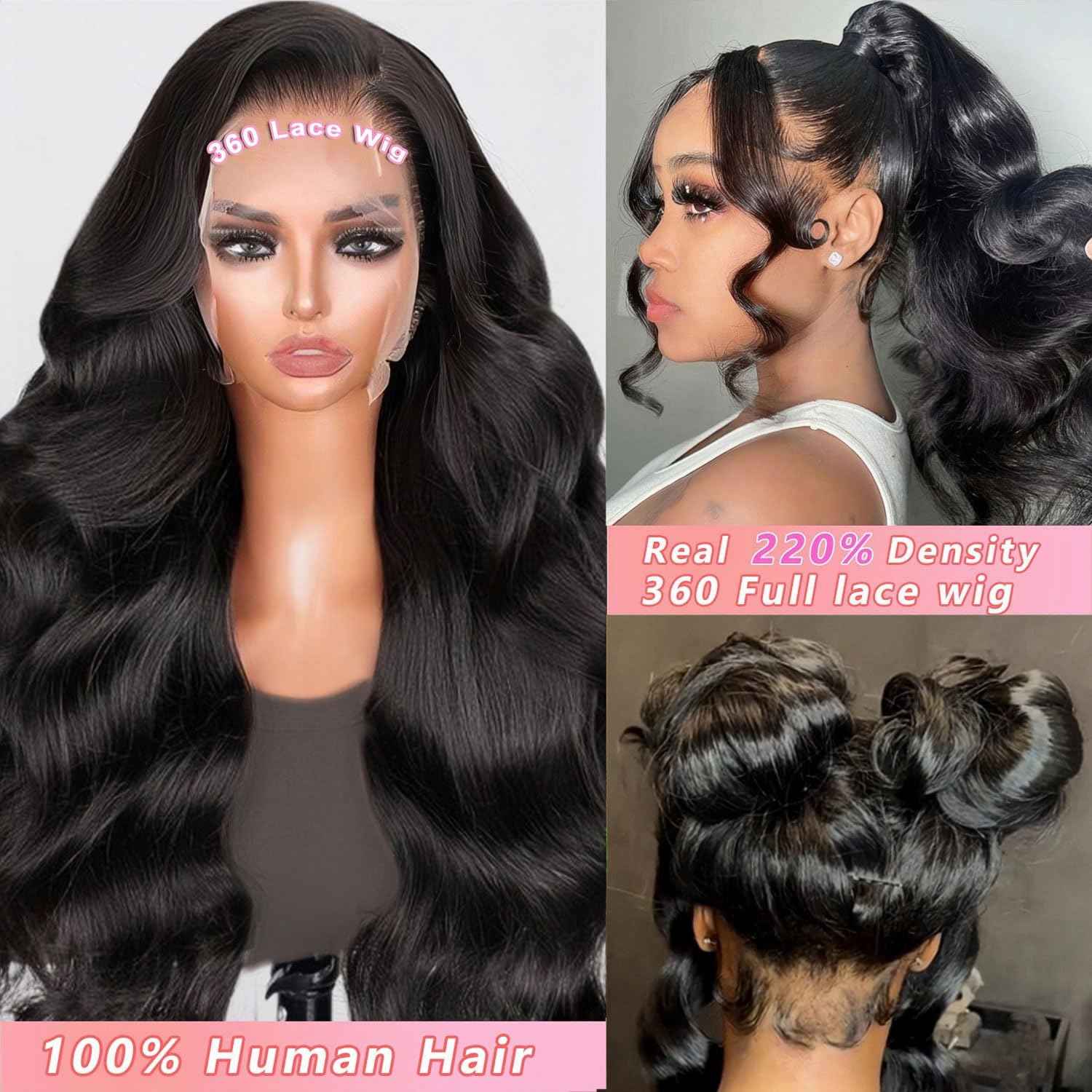 360 Lace Front Wigs Human Hair Body Wave 220 Density HD Full Lace Front Wigs Human Hair Pre Plucked For Women Natural Hairline With Baby Hair (220 Density 360 Wig, 20 Inch)