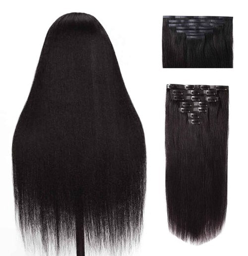 Essent Seamless Light Yaki Straight Clip in Hair Extensions Seamless Real Human Hair, 16 Inch 1Pack 130g 7Pcs Human Hair Extensions for Women Natural Black