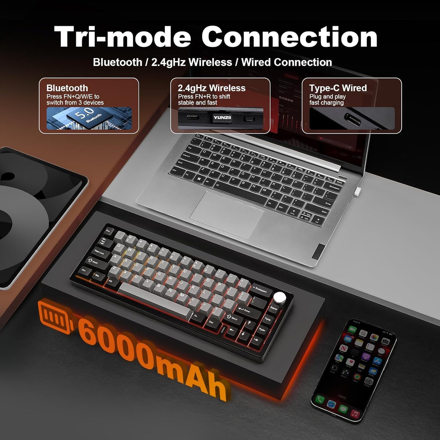 YUNZII AL68 Wireless Mechanical Keyboard,Full Aluminum CNC,60% Layout with Knob, QMK/VIA Software,Gasket Mounted,Hot Swappable,RGB Backlit,BT/2.4G/USB-C for Mac/Win (Silver, Milk V2)