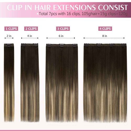Fimislosion Real Hair Extensions Clip in Human Hair, Seamless Clip in Hair Extensions Real Human Hair, 16 Inch Clip ins extensions for women, Balayage Dark Brown to Middle Brown 120G 7Pcs