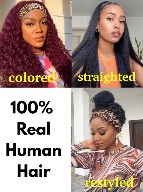Liwsizxk Water Wave Headband Wig Human Hair 16inch Curly Drawstring Headband Wigs Human Hair Wear and Go Glueless Wigs for Black Women Brazilian Virgin Hair 220 Density Natural Color