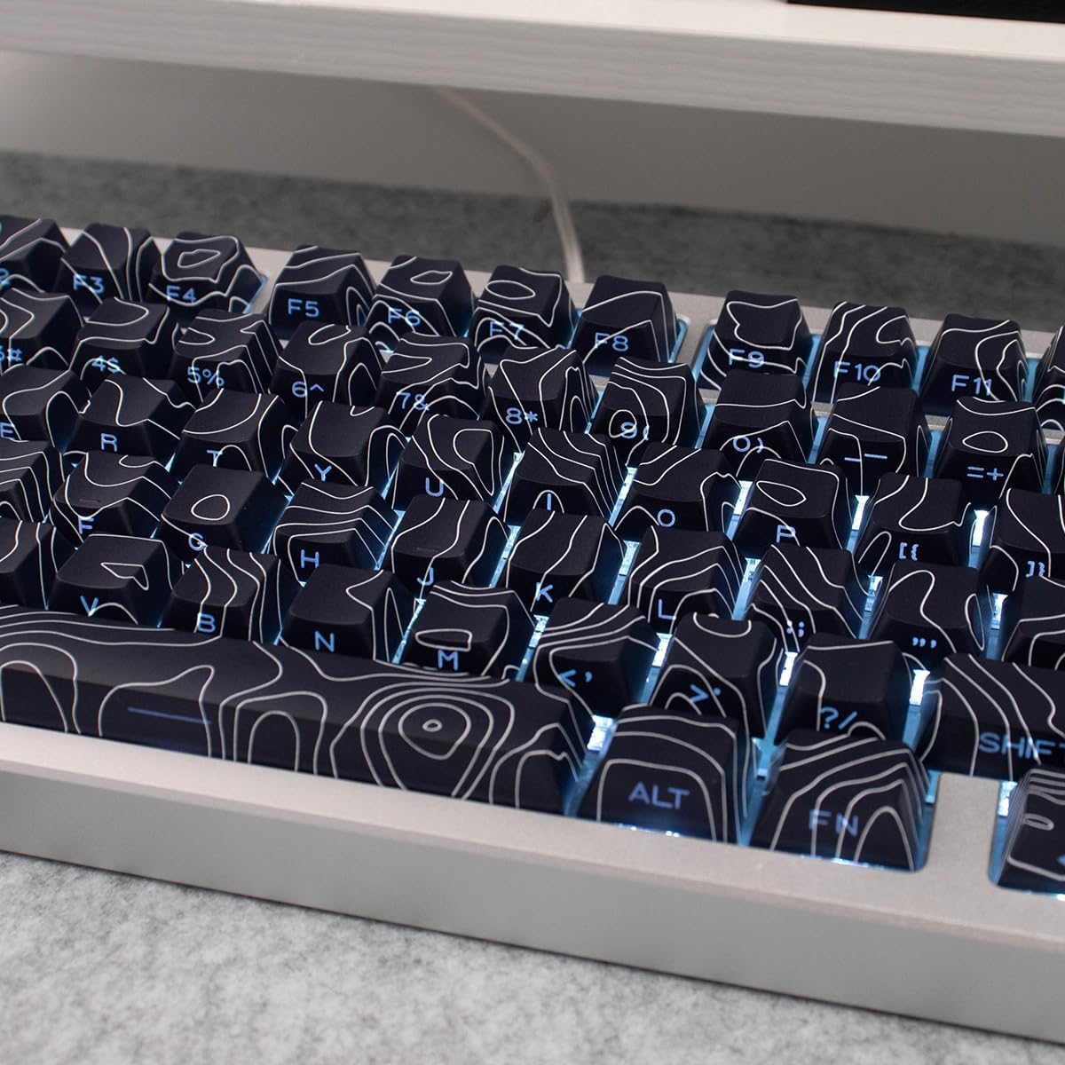 131 Keys Black Topographic Keycaps Cherry Profile Side Print Keycaps Set Fit for 60% 65% 75% 95% Cherry Mx Switches Mechanical Keyboard
