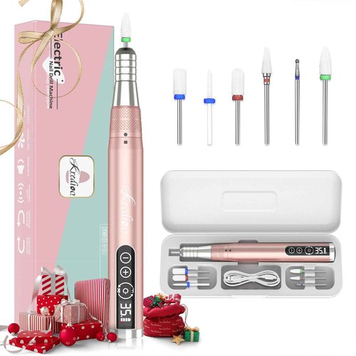 Kredioo Nail Drill Cordless 35000RPM Portable Rechargeable Electric Nail File Professional Ceramic Bits Kit with Travel Case Remove Acrylic Nails Dip Powder Christmas Festival Gel Polish