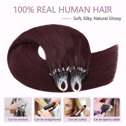 Benehair Micro Loop Hair Extensions Real Human Hair Wine Red Microlink Hair Extensions Human Hair 24inch Micro Link Hair Extensions for Women Invisible Natural Hair Extensions Add Volume