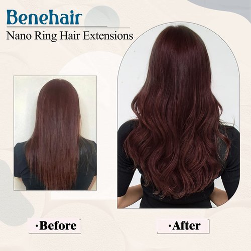 22inch Nano Beads Ring Hair Extensions Human Hair Burgundy Pre Bonded I Tip Keratin Fusion Stick Tipped Hairpiece Iron Loop Link Straight Micro Bead Remy Hair for Women Wine Red #99J 50g 50strands