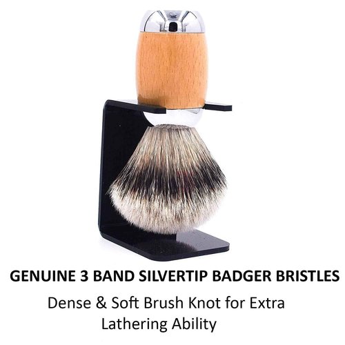 Taconic Shave's Extra Dense 100% 3-Band Silvertip Badger Luxury Shaving Brush –Deluxe Beechwood and Chrome Handle - Shaving Stand Included