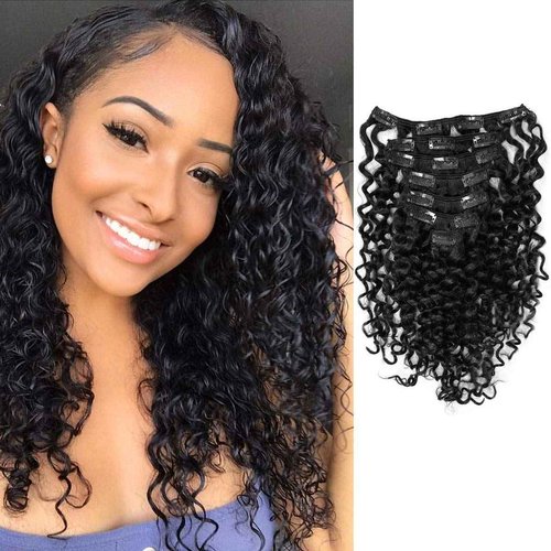 Anrosa Human Curly Hair Natural Black 1B Double Weft Water Wave Curly Clip ins Extensions for Black Women Clip on Wave Hair Extension 22 Inch 120 Gram