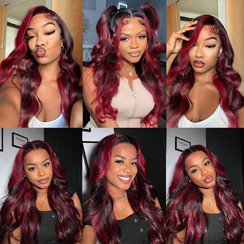 1B99J Burgundy Highlight Human Hair Bundles Body Wave Quick WeaveWet and Wavy Unprocessed Native Virgin Raw Hair Extensions 3 Bundles 20 22 24 Inch Double Weft 2 Tone Mixed for Woman