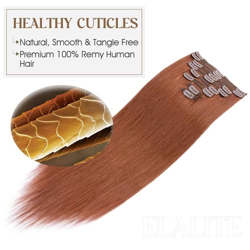 Elailite Clip in Hair Extensions Real Human Hair Double Weft Thick 8pcs Weft Auburn Copper Red 14 Inch 120g Remy Hairpieces Balayage Full Head Straight for Women