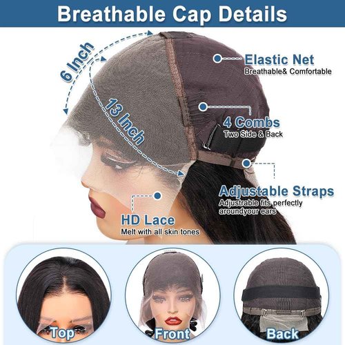 13x6 Body Wave Wig Human Hair 220 Density Glueless Body Wave HD Full Frontal Lace Wigs with Natural Hairline Wig Pre Plucked with Baby Hair 20Inch