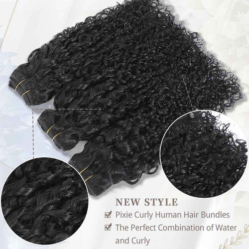 Pixie Curly Bundles Human Hair Water Wave Human Hair Bundles 20 22 24 Inch Kinkycurly Bundles 3c4a Quick Weave Water Wave with Spiral Curly End 100% Raw Virgin Hair Extensions 3pcs Wavy Natural Black