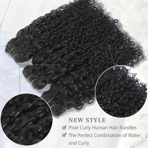 Pixie Curly Bundles Human Hair Water Wave Human Hair Bundles 10 12 14 Inch Kinkycurly Bundles 3c4a Quick Weave Water Wave with Spiral Curly End 100% Raw Virgin Hair Extensions 3pcs Wavy Natural Black
