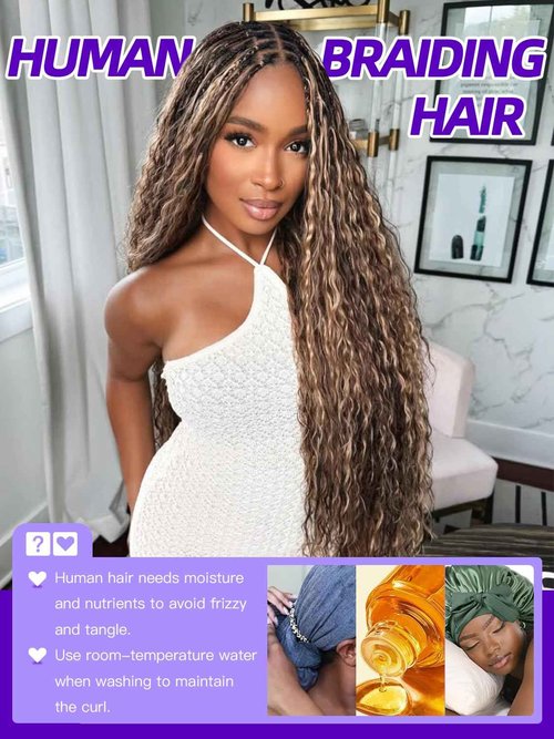 Enaiiby 4/27 Human Hair Bundles Curly Braiding Hair 50g 26 Inch, Ombre Blond Braiding Hair Loose Deep Wave Bundles Boho Human Hair Bulk, 12A No Weft 100% Real Virgin Hair Honey Blonde Boho Hair