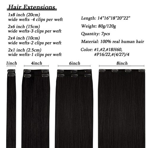 Savasana Clip in Hair Extensions Real Human Hair Straight 7 Pcs Long Black Hair Extensions Double Weft Thick Natural Black 20 Inch 120g