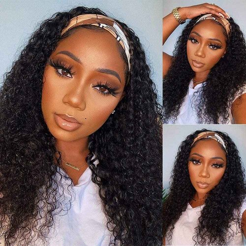 WENYAN Headband Wig Human Hair Deep Wave 24 Inch Wigs for Black Women Glueless None Lace Front Curly Wave Wig Brazilian Virgin Hair Wear and Go Wigs Machine Made 150% Density Natural Color
