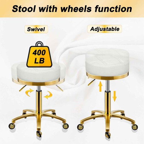 XCRFKGW Gold Rolling Vanity Stool with Wheels, Salon Spa Tattoo Massage Pedicure Chair, PU Leather Roller Chair, 43-55cm Height Adjustable Office Work Swivel Stool (White, Without Back)