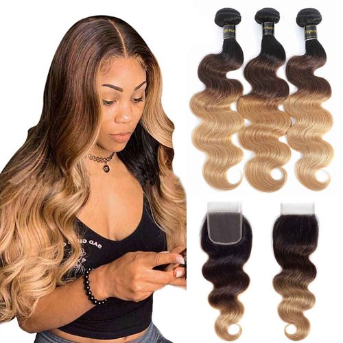 Shining Girl 12A Ombre Body Wave Bundles With Closure Brazilian Virgin Remy 100% Human Hair Ombre 3 Tone T1B/4/27 Color Human Hair Extensions 3 Bundles with 4x4 Lace Closure (16 18 20+14, 1B#/4#/27#)