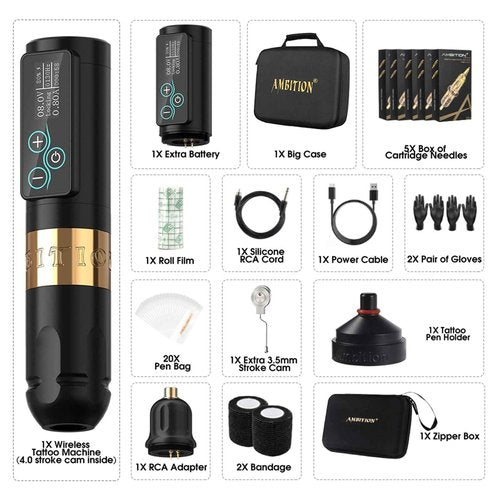Ambition Rotary Tattoo Gun Kit, Vibe Wireless Tattoo Pen Machine Brushless Motor Dual 2400mAh Batteries with 100pcs Mixed Size Glory Tattoo Cartridge Needles for Pro Artists