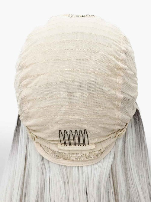IMSTYLE Sliver Mist Grey with Highlights and Dark Roots 28 Inches Free Part Synthetic Lace Front Wig