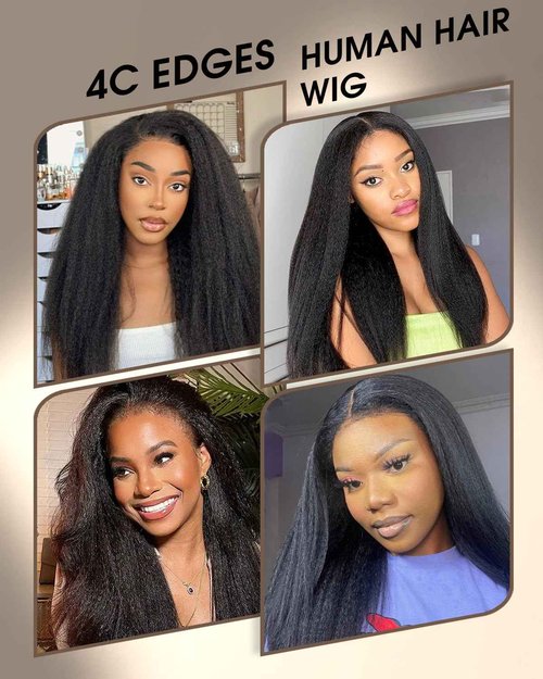 MENTOR 4C Edges Kinky Straight Lace Front Wigs Human Hair Yaki Stairght 13x4 HD Transparent Lace Frontal Kinkystraight Wigs with Curly Edges Hairline Pre-Plucked 180% Density 18 inch