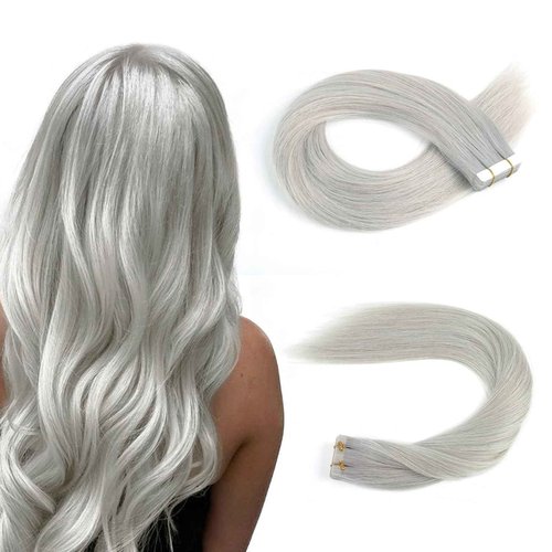 Sassina Tape in Hair Extensions Human Hair Invisible Seamless Skin Weft Human Hair Tape in Extensions Silver Gray Double Side Reusable Human Hair Extensions 14 Inch 50 Gram 20pcs