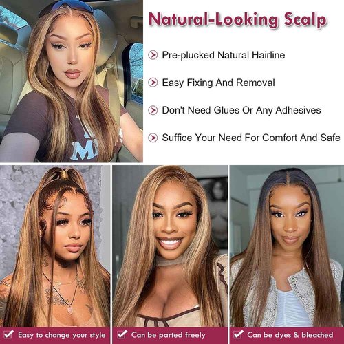 DÉBUT Ombre Highlight Brown Glueless Wigs Human Hair Pre Plucked Straight Hair Lace Front Wigs 5x5 HD Lace Closure Wig for Women Daily Use 18 Inches