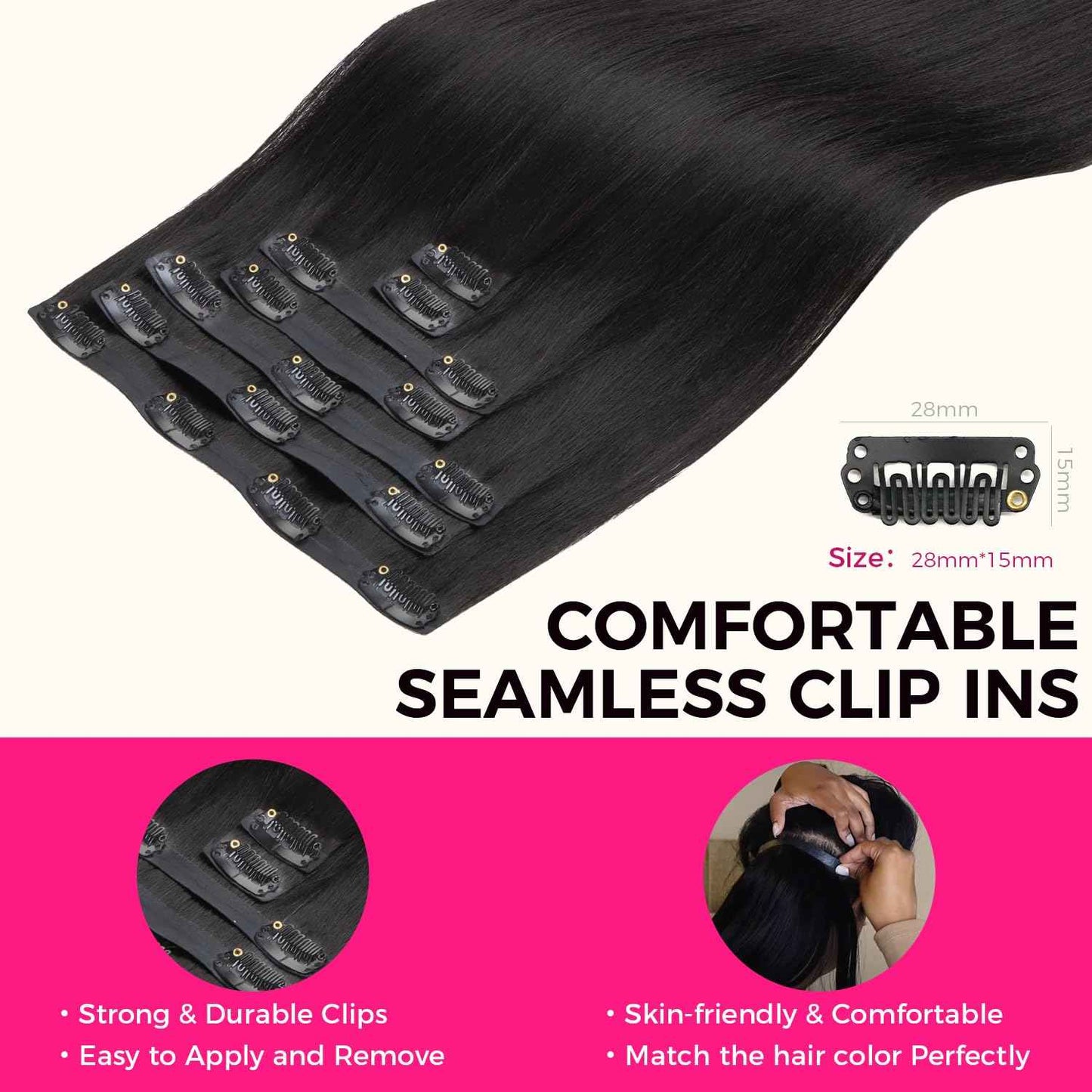 Lashey Seamless Clip-in Hair Extensions Human Hair Light Yaki Straight 16 Inch 7pcs 110g Natural Black PU Clip-in Hair Extensions