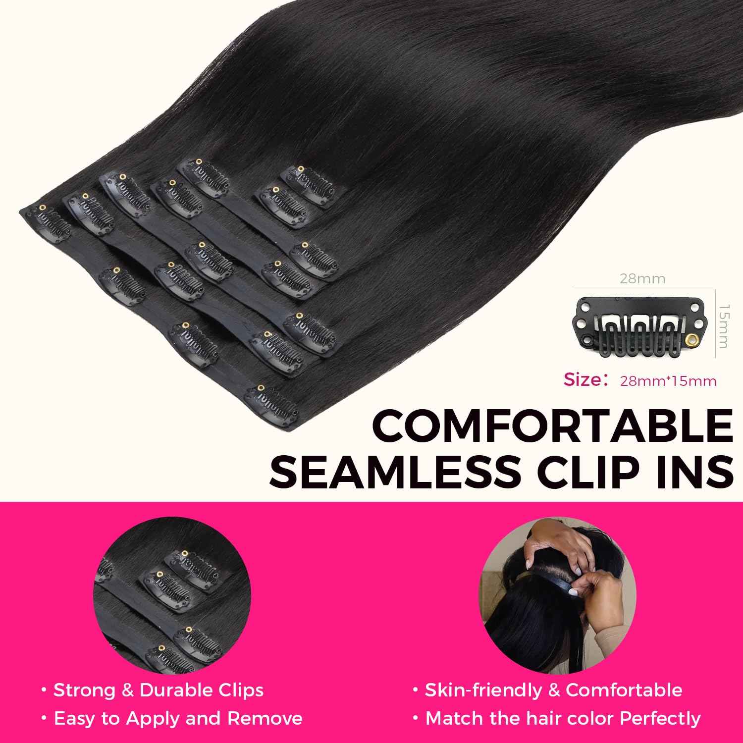 Lashey Seamless Clip-in Hair Extensions Human Hair Light Yaki Straight 16 Inch 7pcs 110g Natural Black PU Clip-in Hair Extensions