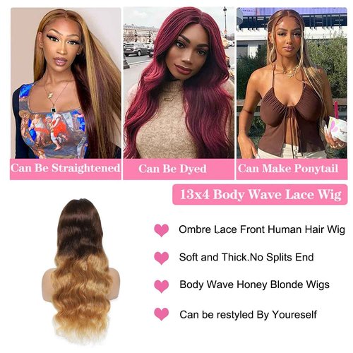 Ombre Lace Front Wig Human Hair 4/27 Colored 13x4 HD Transparent Lace Frontal Wigs Human Hair Glueless Highlight Honey Blonde Body Wave Frontal Wigs for Women Pre Plucked with Baby Hair 28 Inch