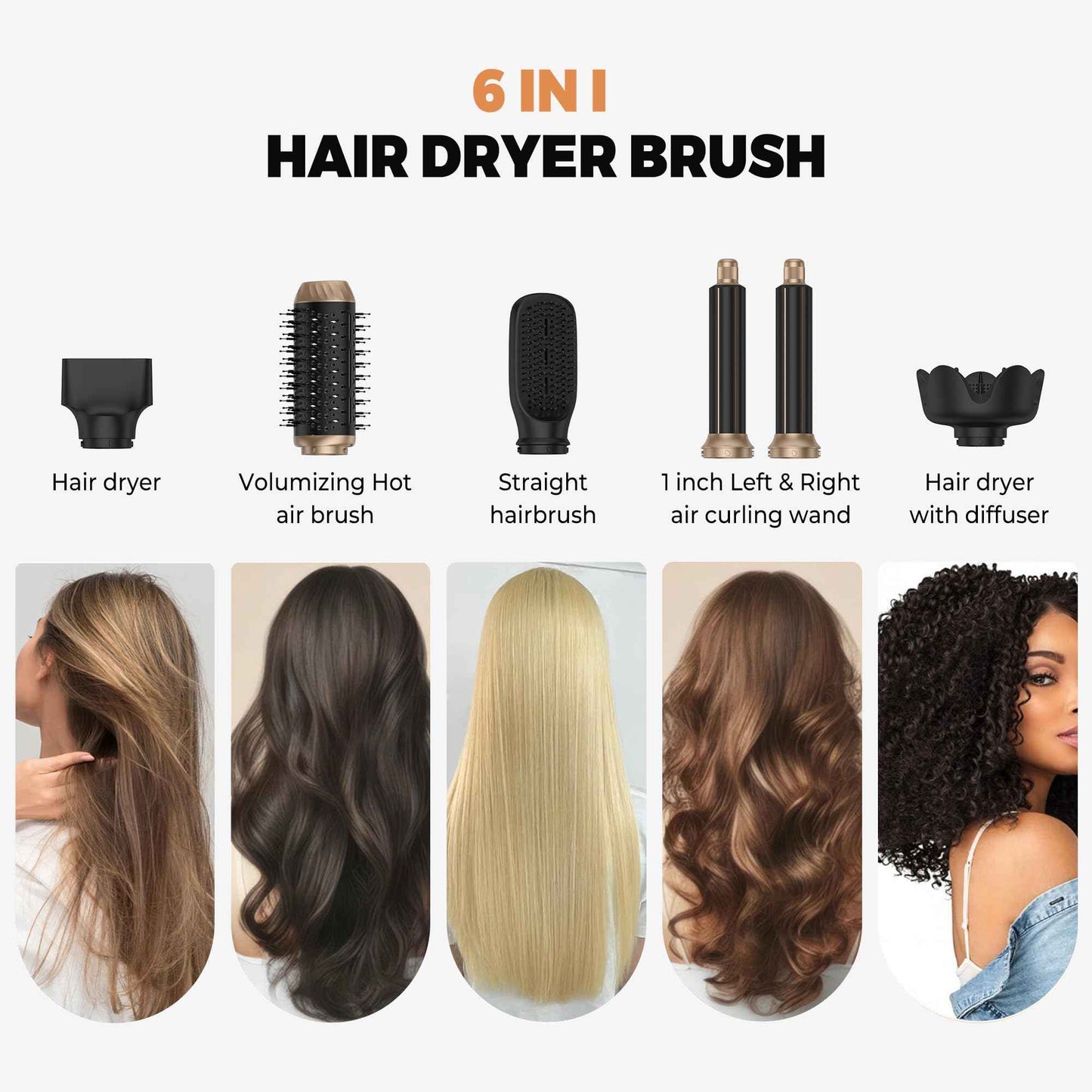 Hair Dryer Brush 6 in 1, Foldable Blow Dryer Brush with Wrap Curler, Detachable Air Hair Styler Curling, Drying,Volumizing, Straightening, Negative Ionic Hair Dryer with Diffuser, Hair Styling Tools