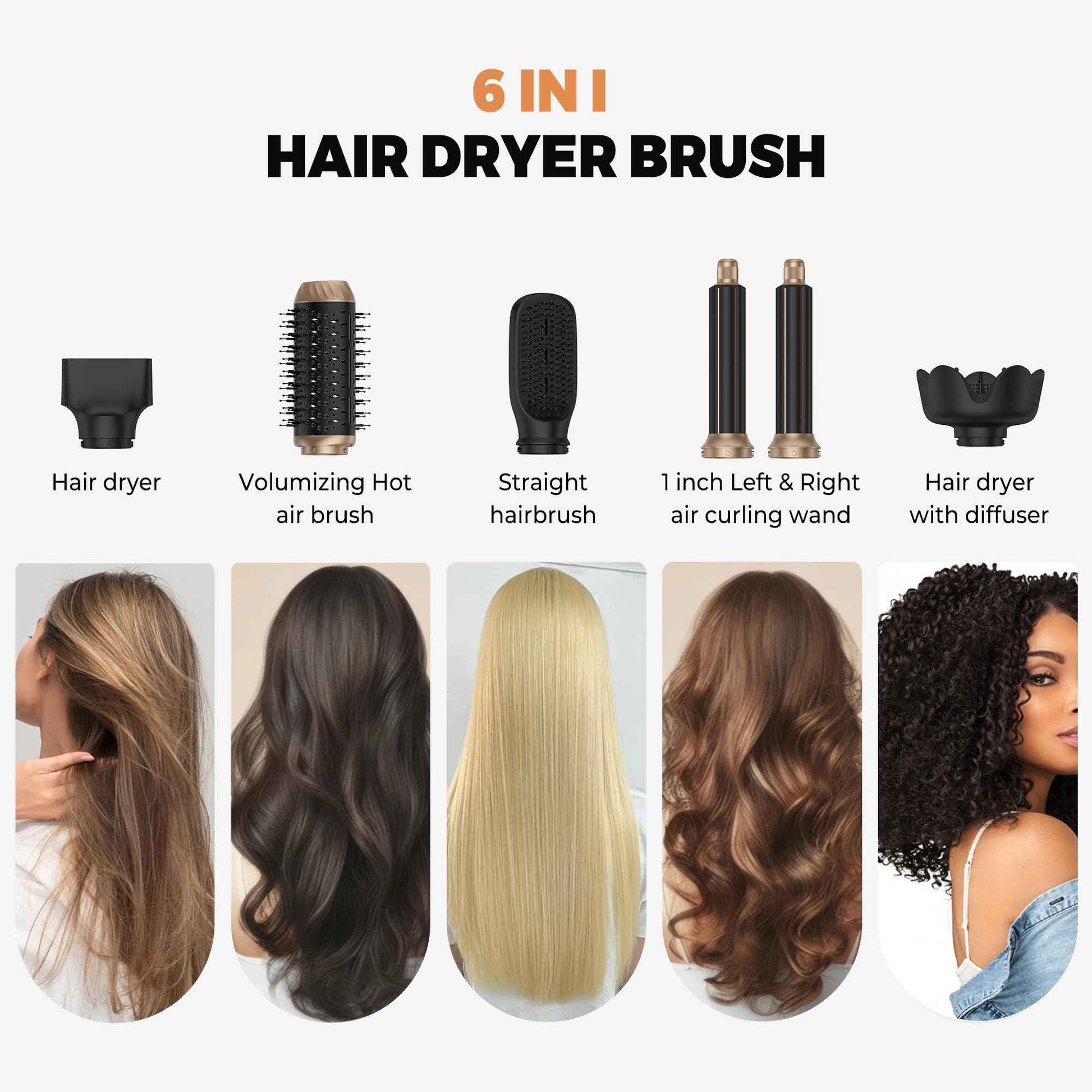 Hair Dryer Brush 6 in 1, Foldable Blow Dryer Brush with Wrap Curler, Detachable Air Hair Styler Curling, Drying,Volumizing, Straightening, Negative Ionic Hair Dryer with Diffuser, Hair Styling Tools