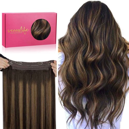 WENNALIFE Wire Hair Extensions (Increase 50% Lifespan) Real Human Hair 16 inch 95g Balayage Dark Brown to Chestnut Brown Remy Wire Hair Extensions Invisible Transparent Fish Line Real