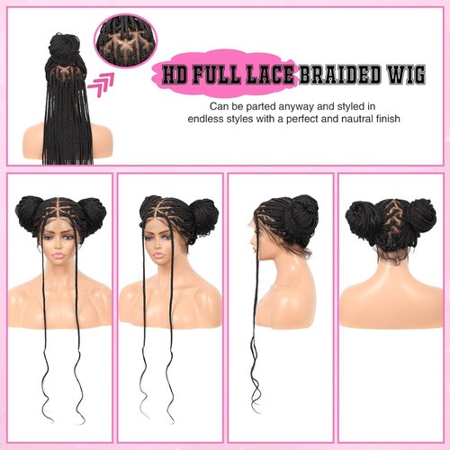 Kalyss 360° HD Full Lace Braided Wigs for Black Women Knotless Braided Wigs with Baby Hair Box Braid Wig Premium Synthetic Lace Front Black Box Braid Wig with Curly Ends 36"