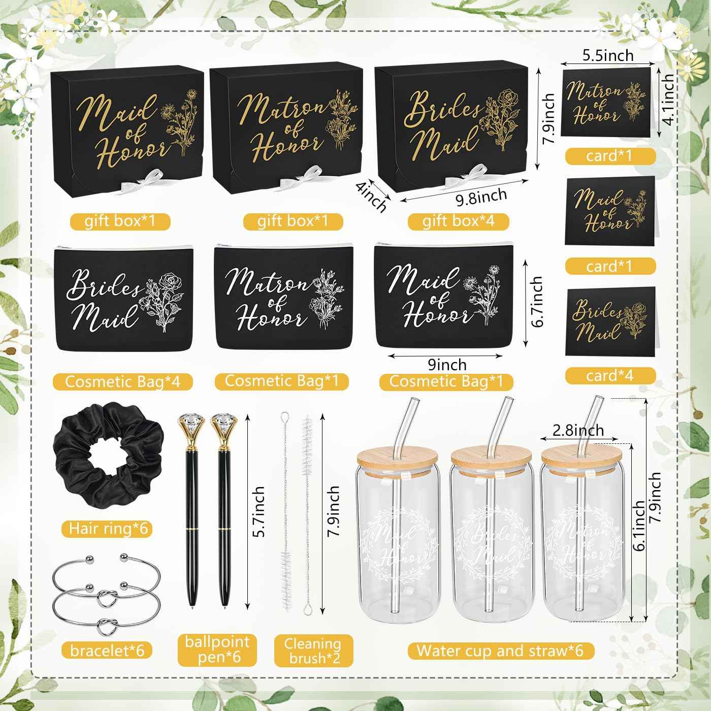 42Pack Bridesmaid Proposal Gifts,Maid of Honor Gifts Matron of Honor Gifts Including Bridesmaid Boxes,16oz Cups Makeup Bag Bracelets Diamond Pen Invitation Cards Scrunchies for Wedding (Black)