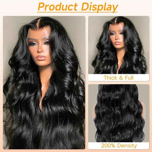 YetFree 32 Inch Body Wave Lace Front Wigs Human Hair Pre Plucked 13x6 HD Lace Frontal Wigs Brazilian Virgin Human Hair 200 Density Glueless Body Wave wig with Baby Hair Natural Black