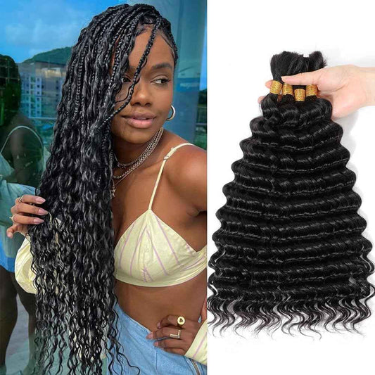 Human Braiding Hair 3 Bundle 150g Deep Wave Bulk Human Hair for Braiding No Weft 12A Brazilian Virgin Curly Human Hair Extensions for Boho Braids (Deep Wave-1B, 28/150g)