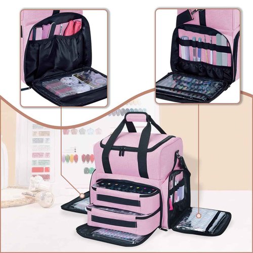 YAHOURWAT Nail Polish Organizer Case Holds 80 Bottles (15ml - 0.5 fl.oz) and a Nail Lamp,Nail Polish Case with 2 Removable Bags and Tools Storage Sections Pink