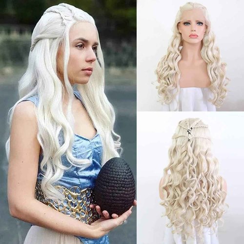 RONGDUOYI 26" Cosplay Braiding Hair Style Wig Blonde Body Wave Synthetic Lace Front Wig with Six Plaits Pre Plucked Glueless Halloween Cosplay Party Wigs